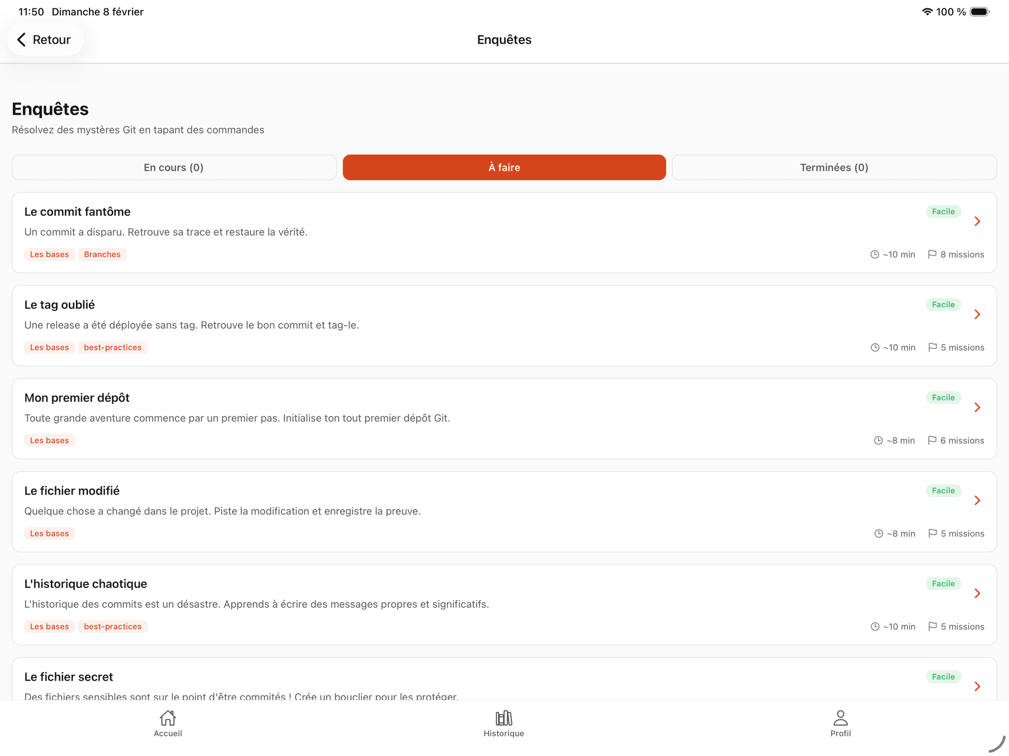 Tablet view of GitQuest investigations with mission details