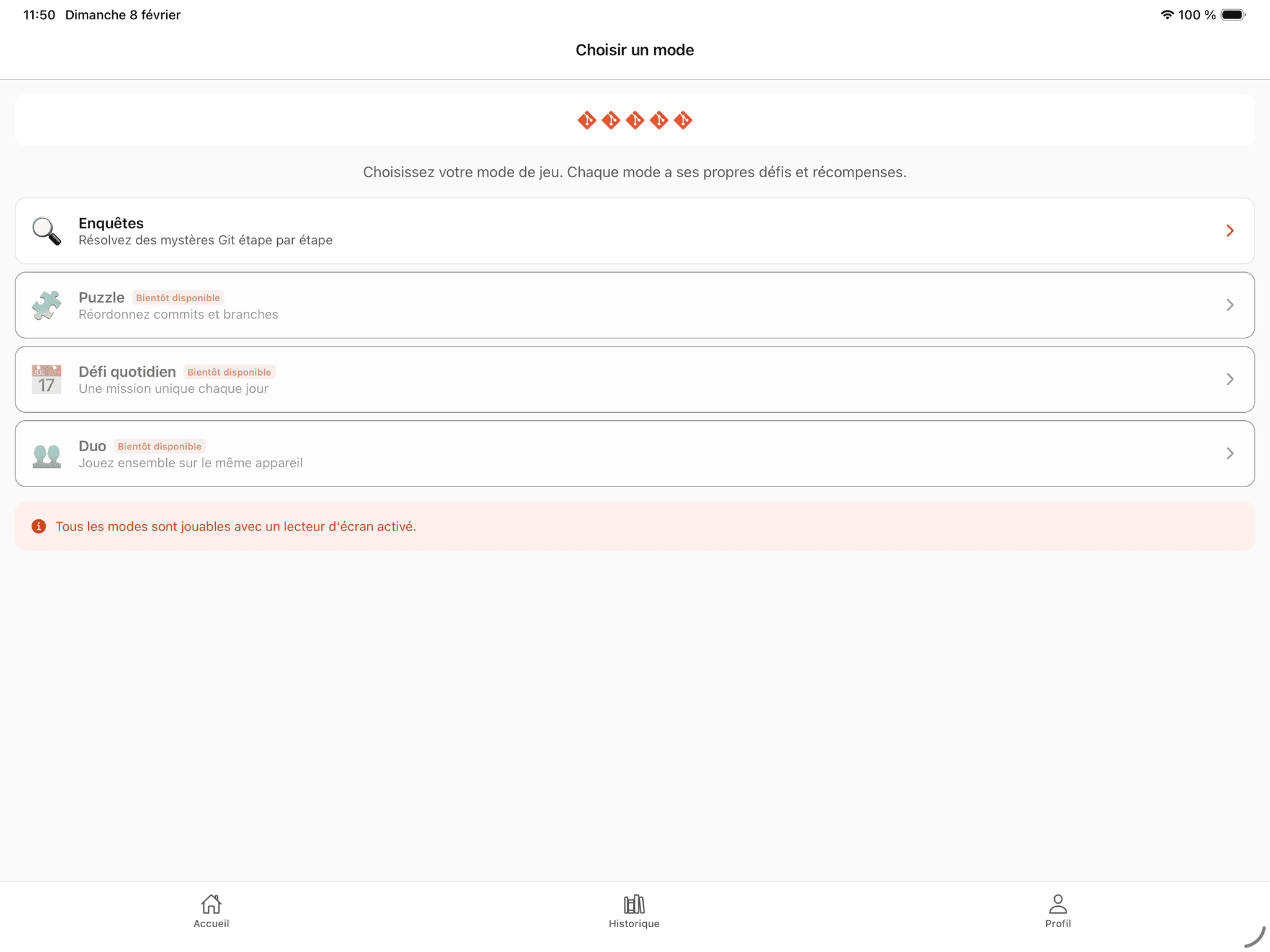 Game mode selection on iPad with investigations, puzzles and challenges