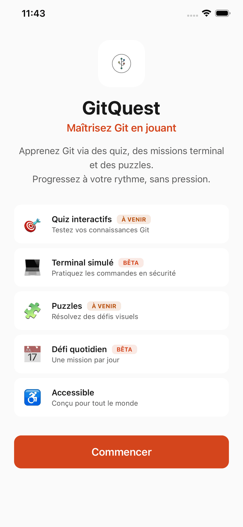 GitQuest home screen on iPhone showing main features
