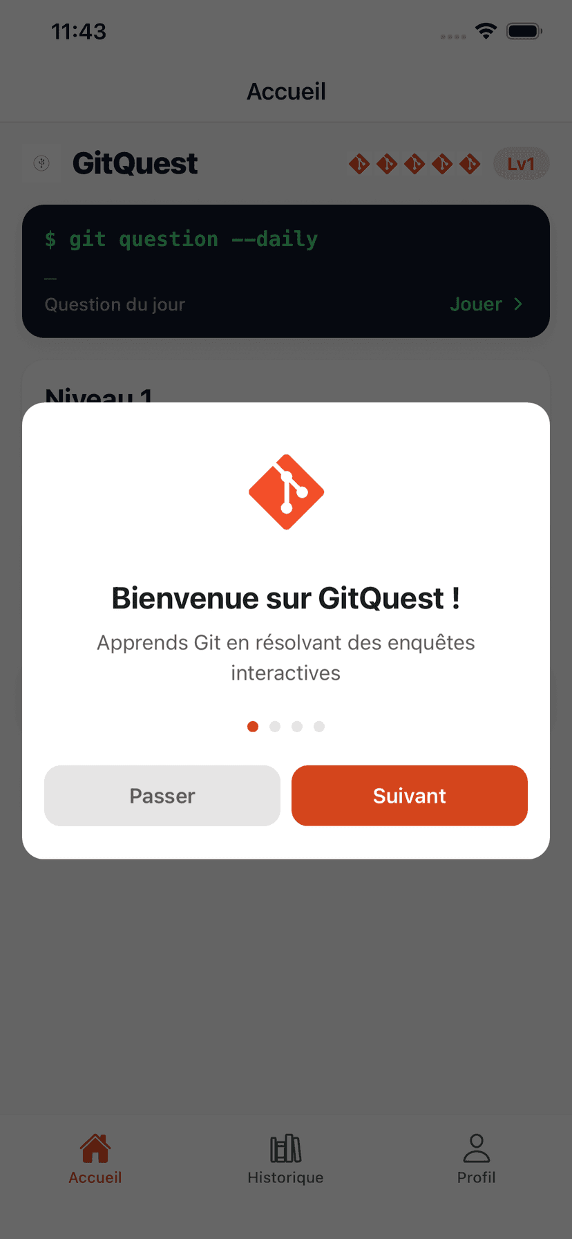 GitQuest welcome screen on iPhone