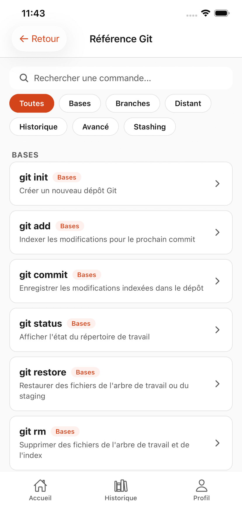 Built-in Git reference in GitQuest with all commands