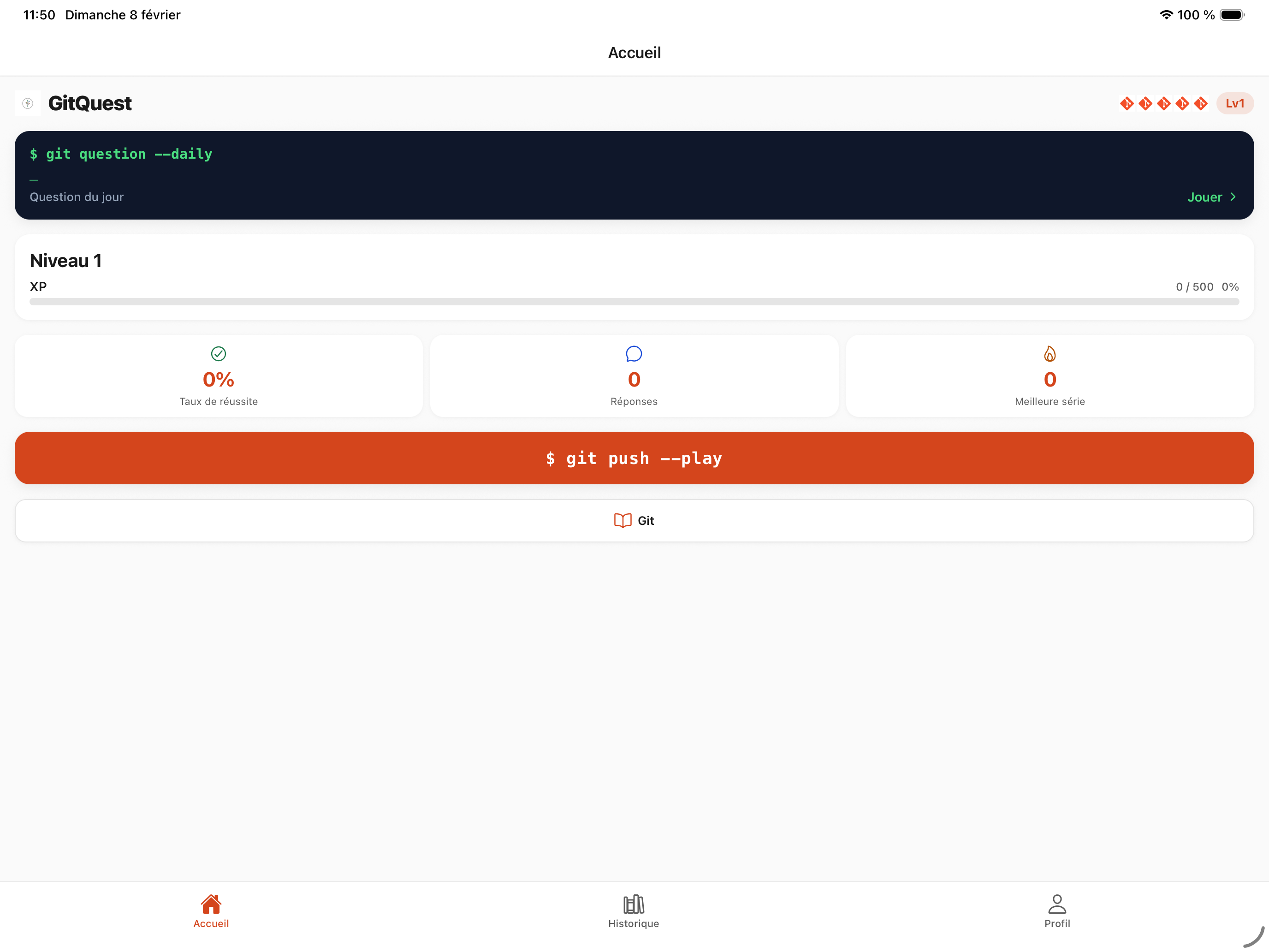 Tableau de bord GitQuest sur iPad avec streak et progression