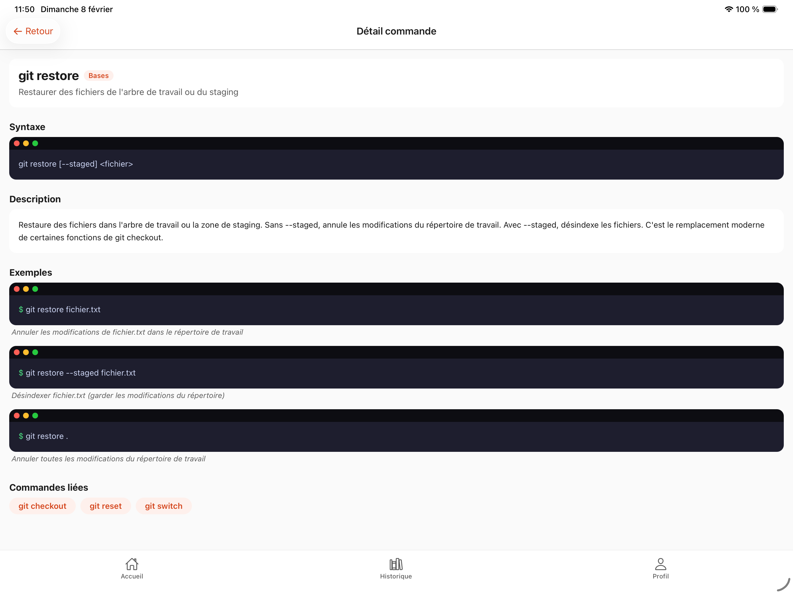 Detail commande Git sur iPad avec exemples