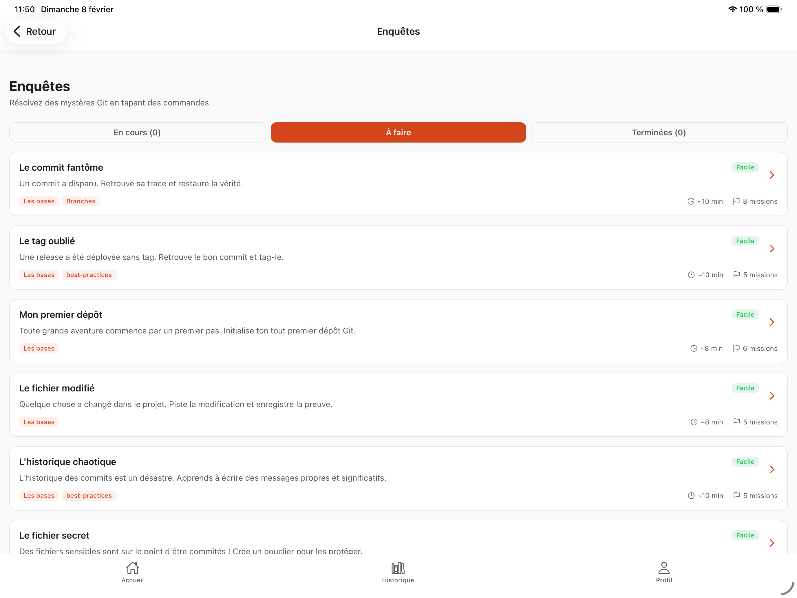 Liste des enquêtes Git sur iPad avec détails des missions