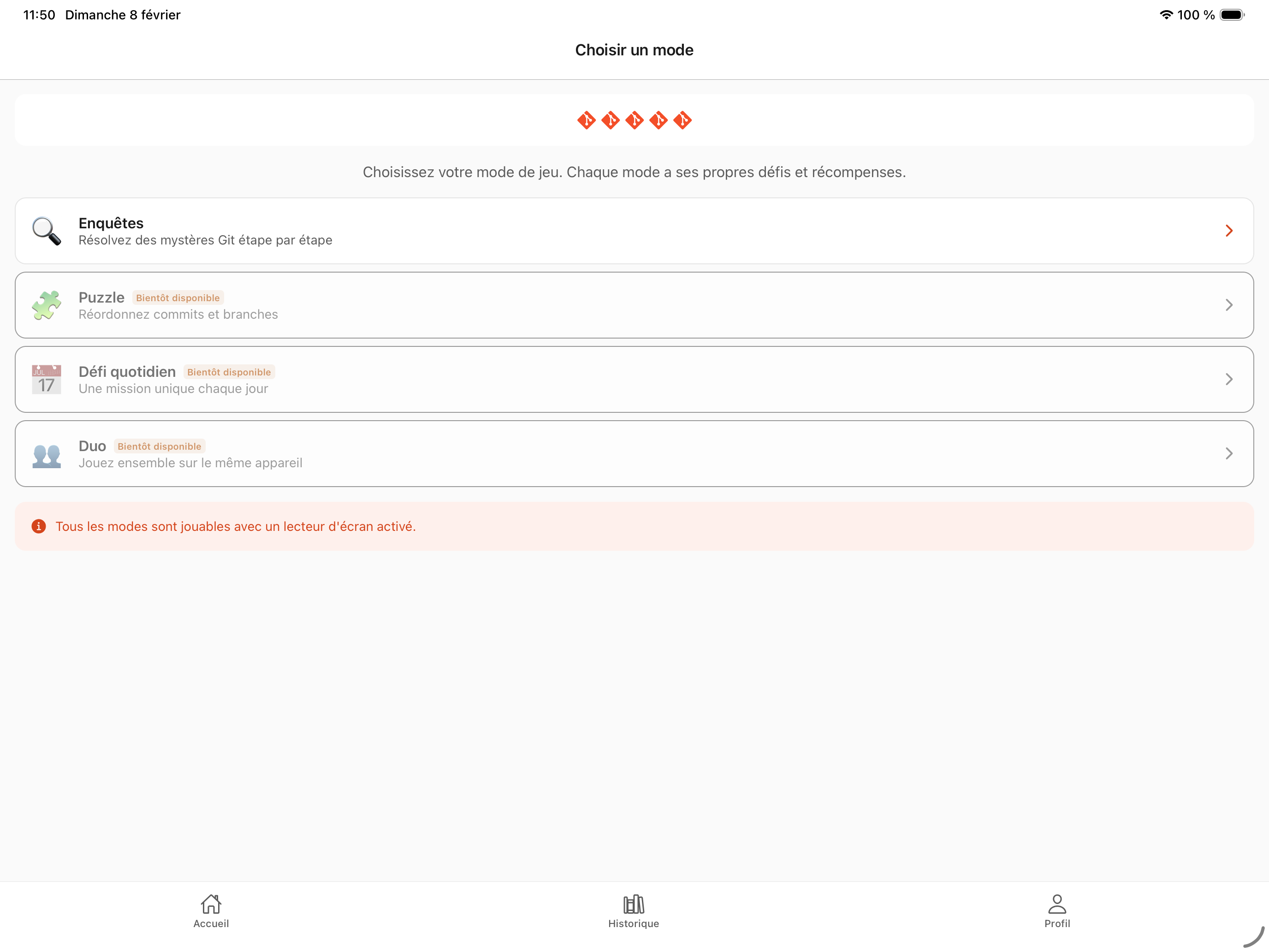 Choix du mode de jeu sur iPad avec enquetes, puzzle et defis