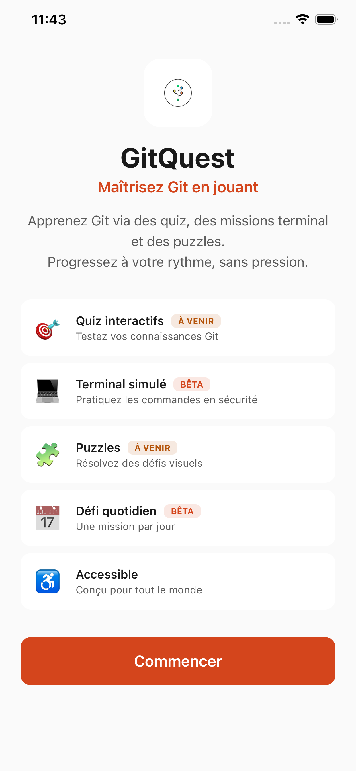 Ecran d'accueil GitQuest avec les fonctionnalites principales