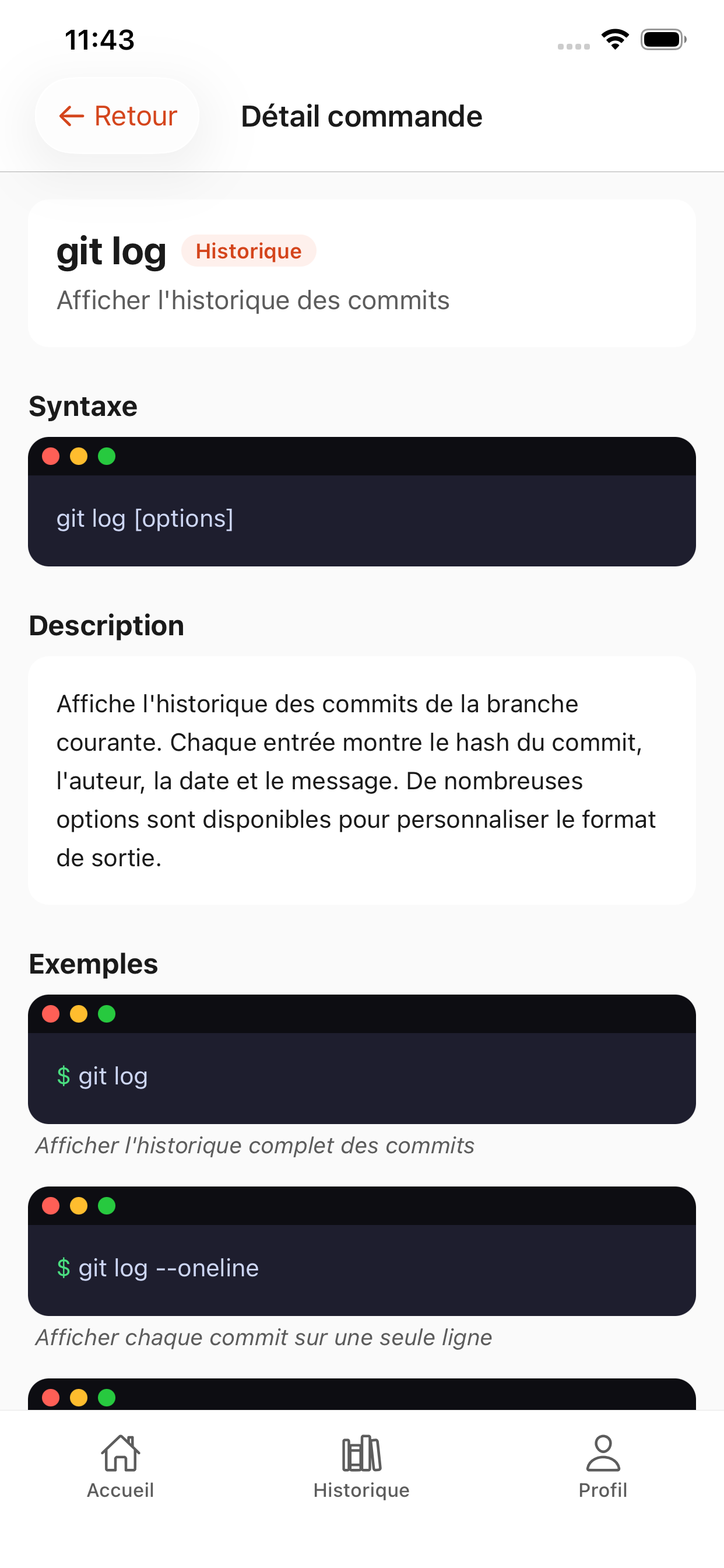 Detail d'une commande Git avec syntaxe et exemples