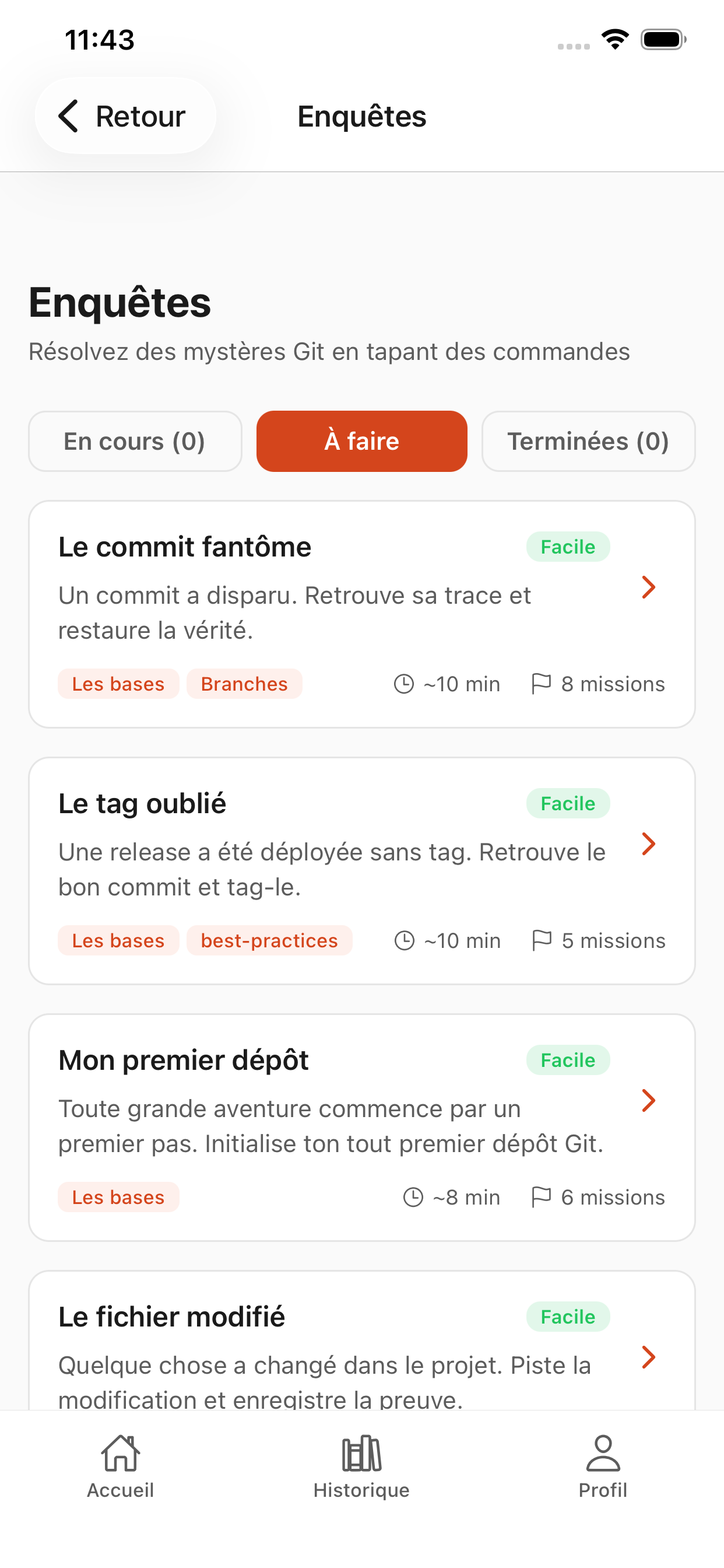 Liste des enquetes Git jouables dans GitQuest