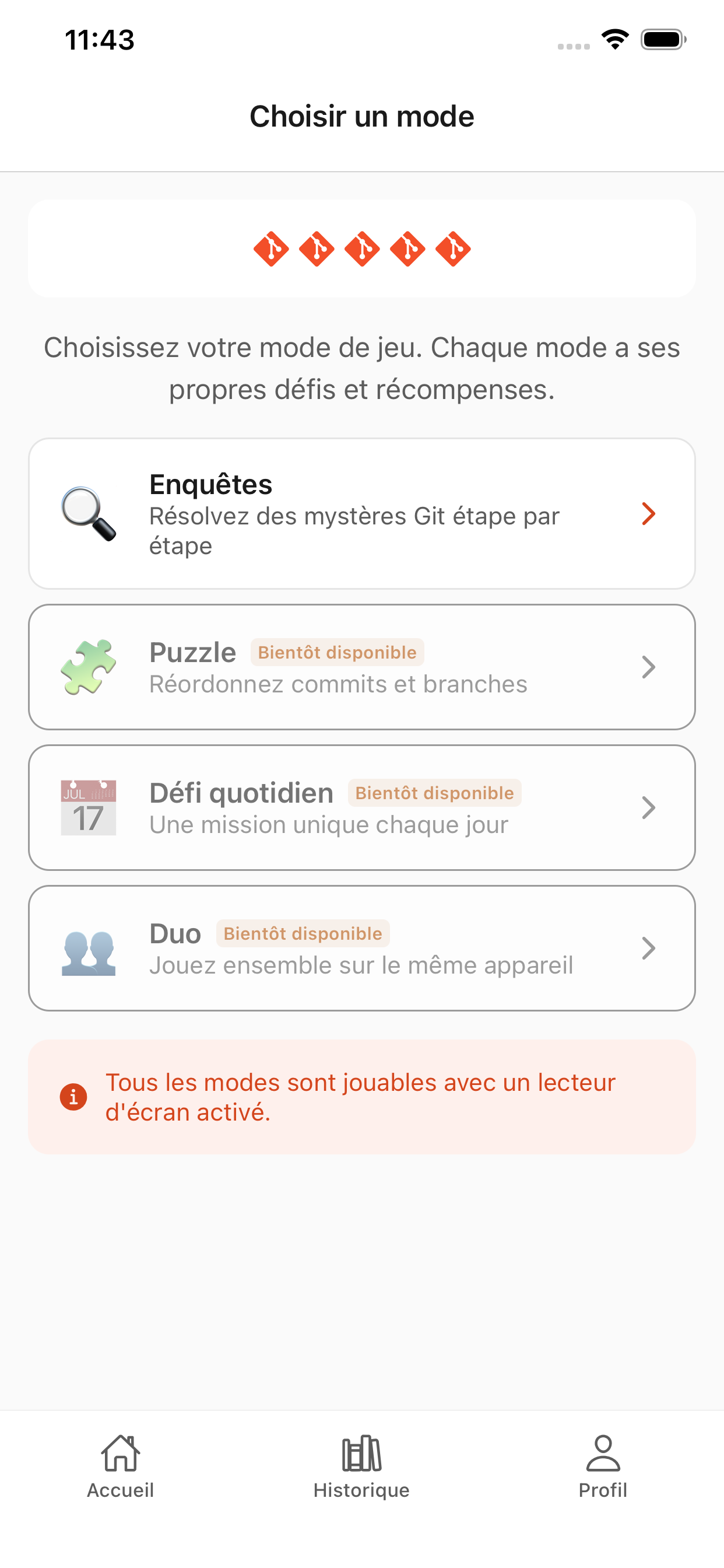 Choix des modes de jeu dans GitQuest : enquêtes, puzzle, défi quotidien et duo