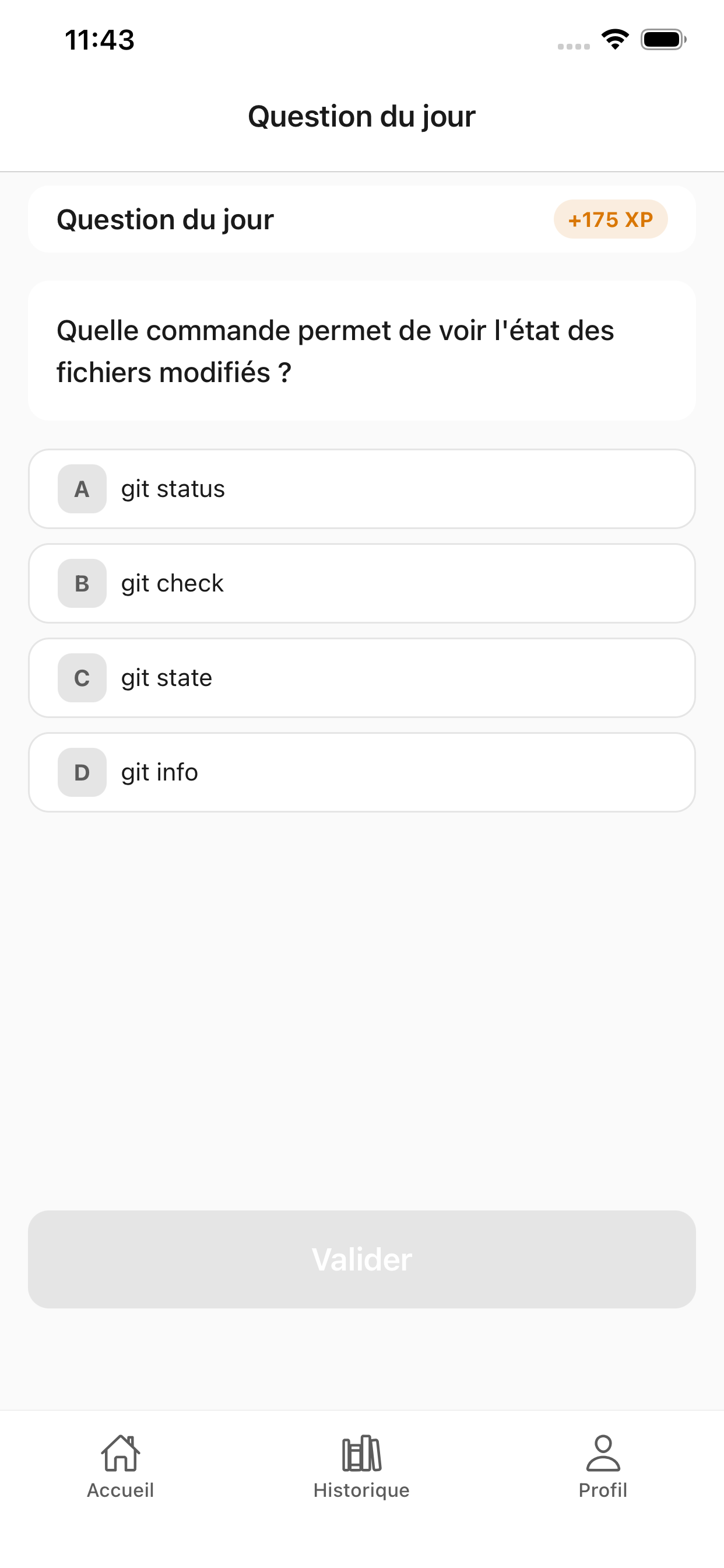 Quiz quotidien Git avec question sur les commandes