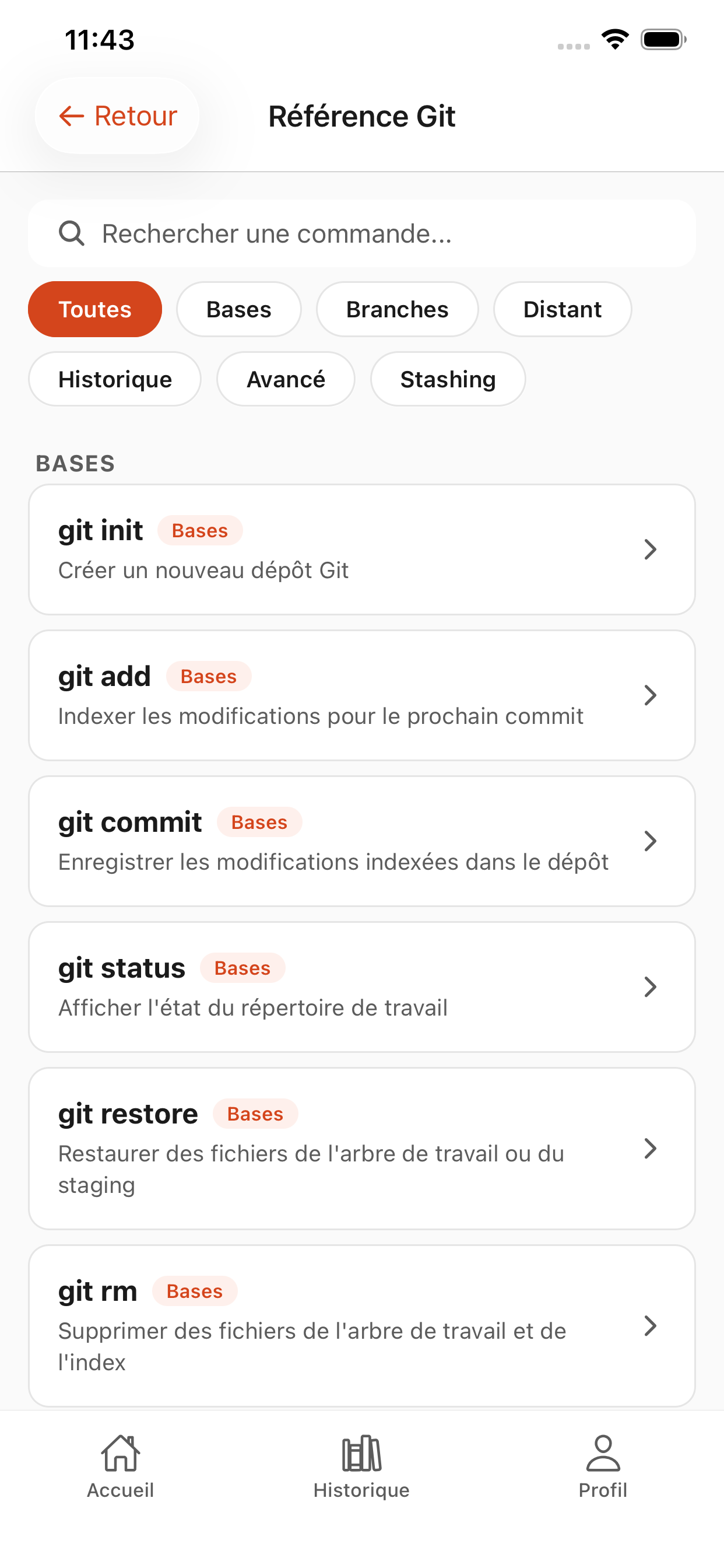 Reference Git integree dans GitQuest avec toutes les commandes
